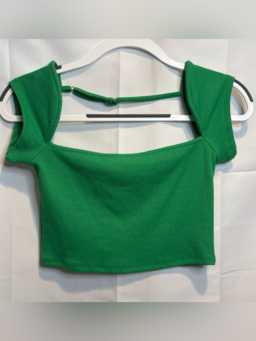 Green Ribbed Square-Neck Crop Top for Women